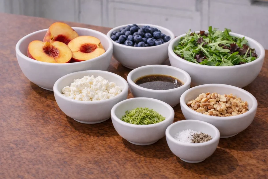 Delicious grilled peach and blueberry salad in a bowl
