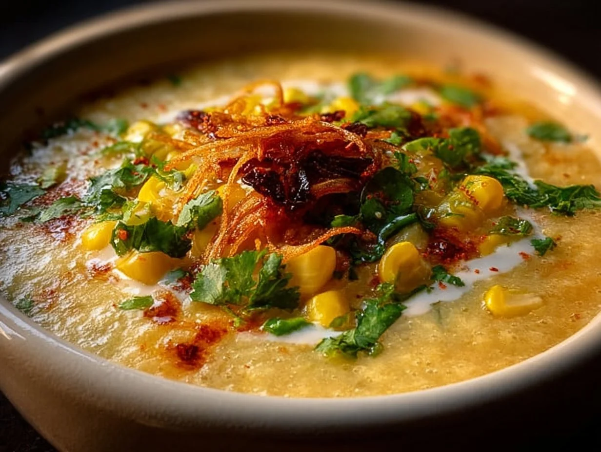 Bowl of Hawaiian Corn Chowder topped with fresh herbs and coconut flakes