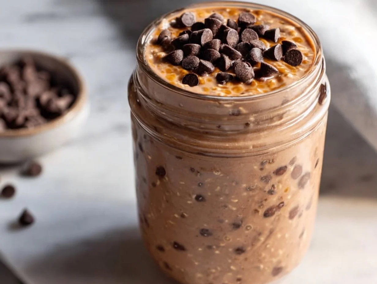 Bowl of high protein chocolate overnight oats topped with chocolate chips and nuts