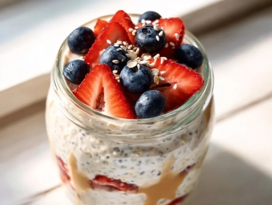 A bowl of high protein cottage cheese overnight oats topped with fruits and nuts