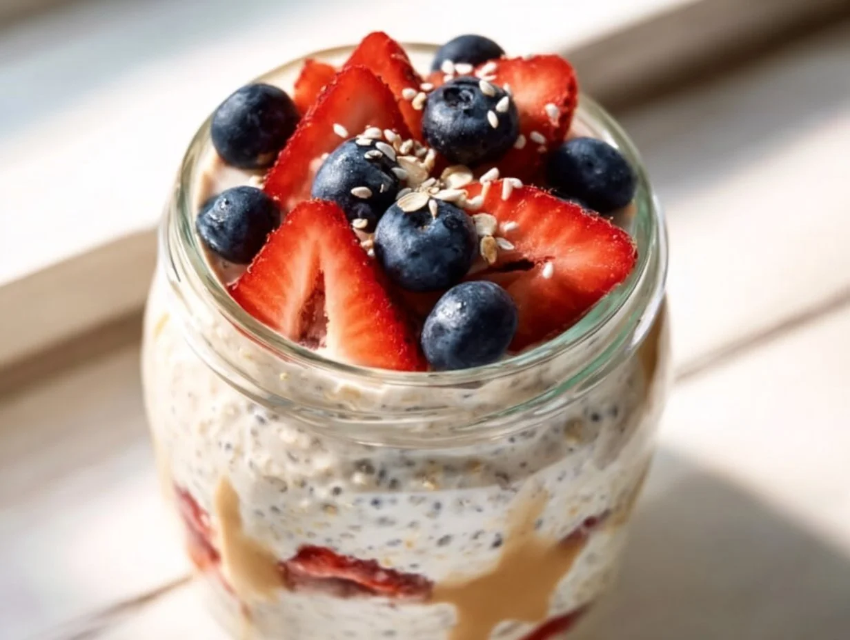 A bowl of high protein cottage cheese overnight oats topped with fruits and nuts