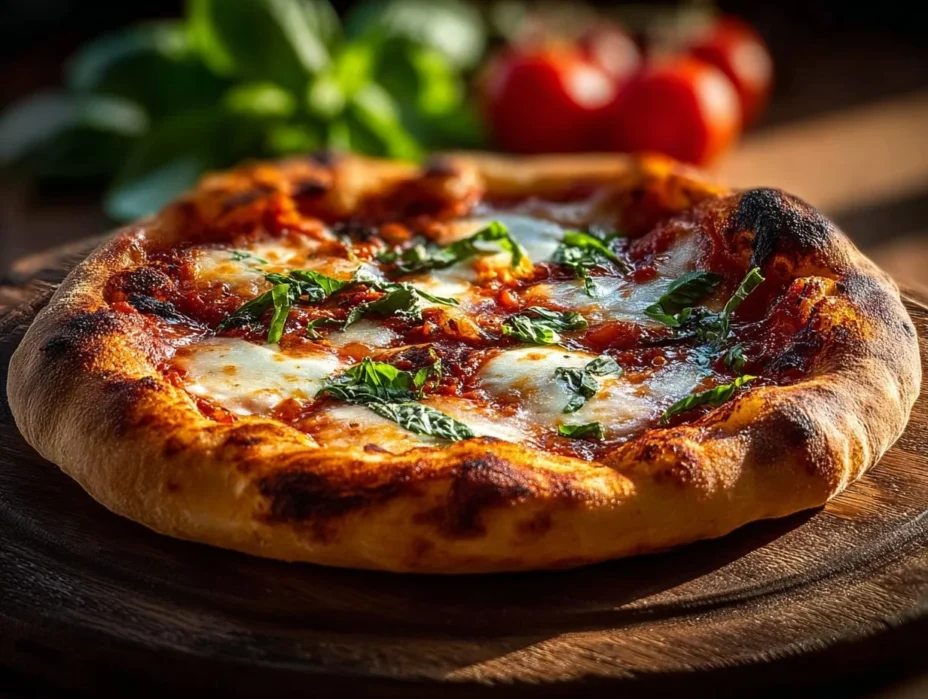 Homemade Neapolitan pizza topped with fresh basil and tomatoes.