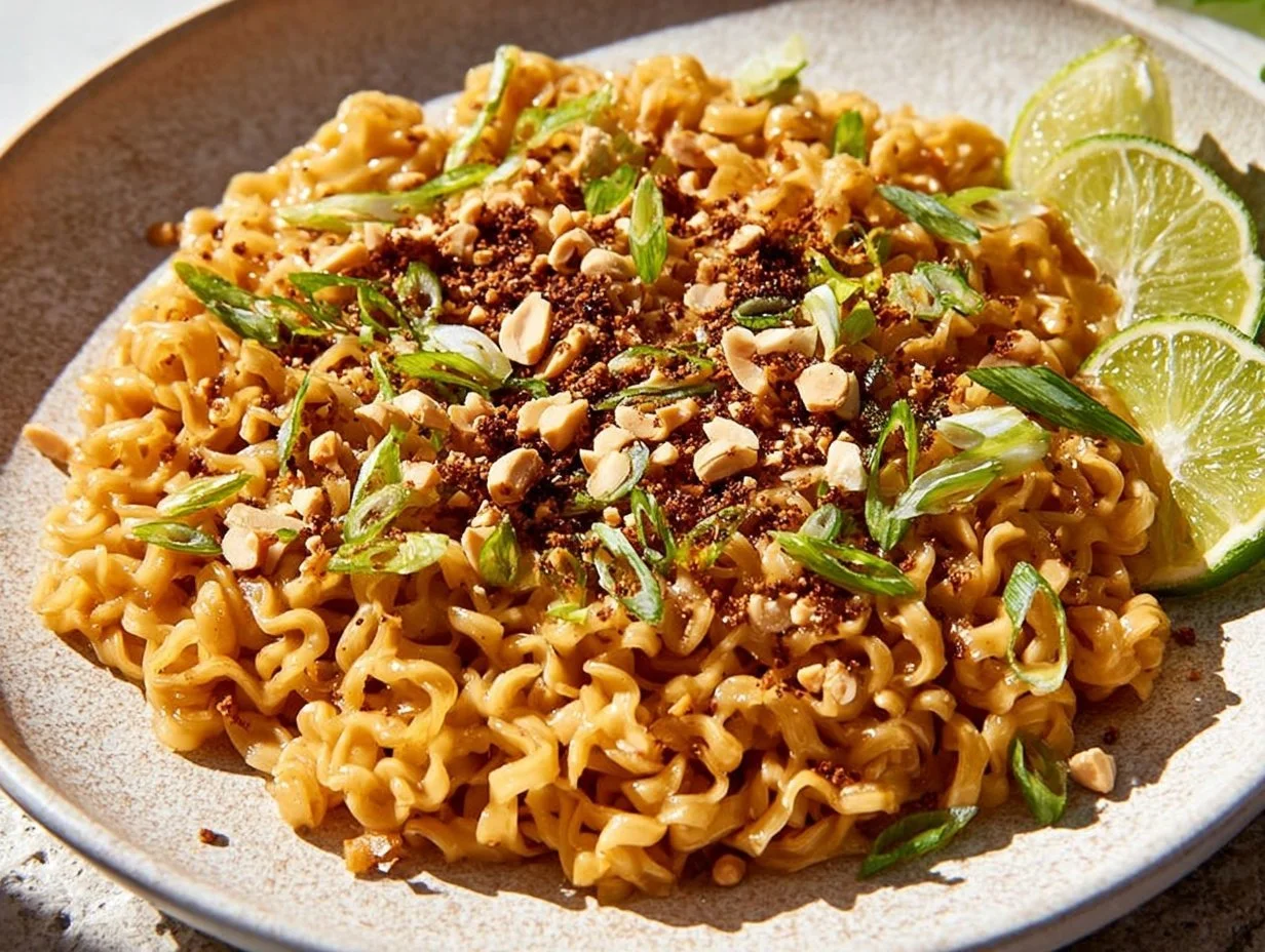 Bowl of Instant Peanut Thai Noodles garnished with fresh vegetables.
