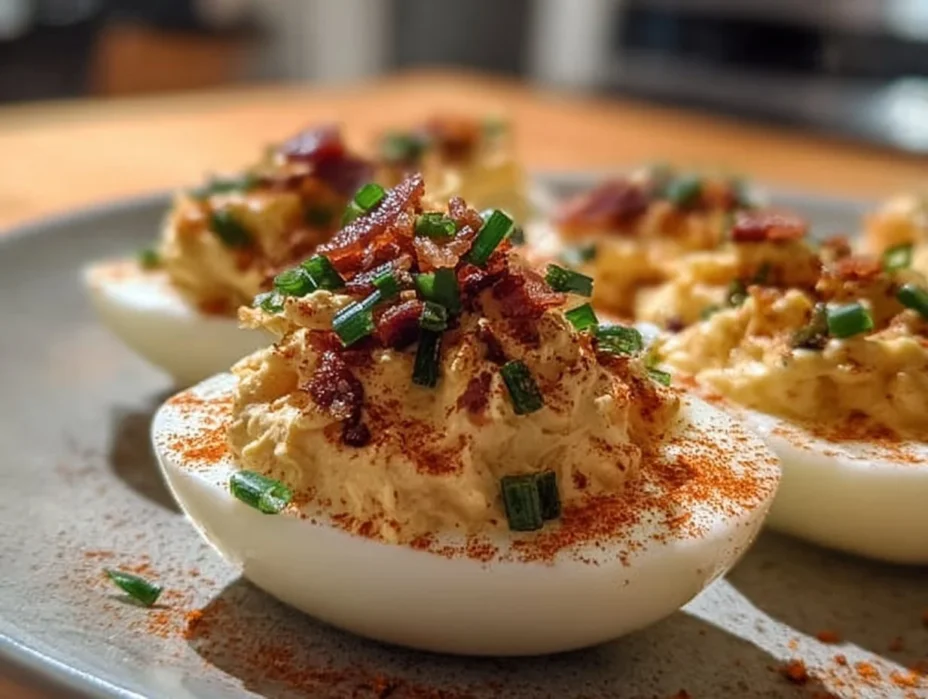 Irresistible Million Dollar Deviled Eggs topped with flavorful ingredients.