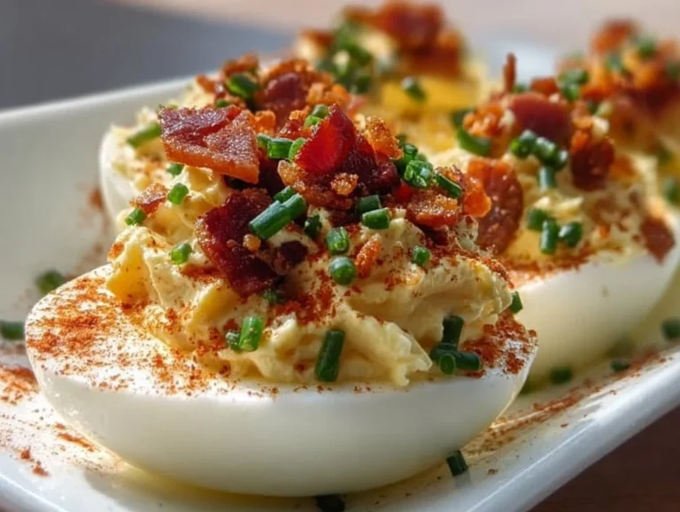 Irresistible Million Dollar Deviled Eggs topped with flavorful ingredients.