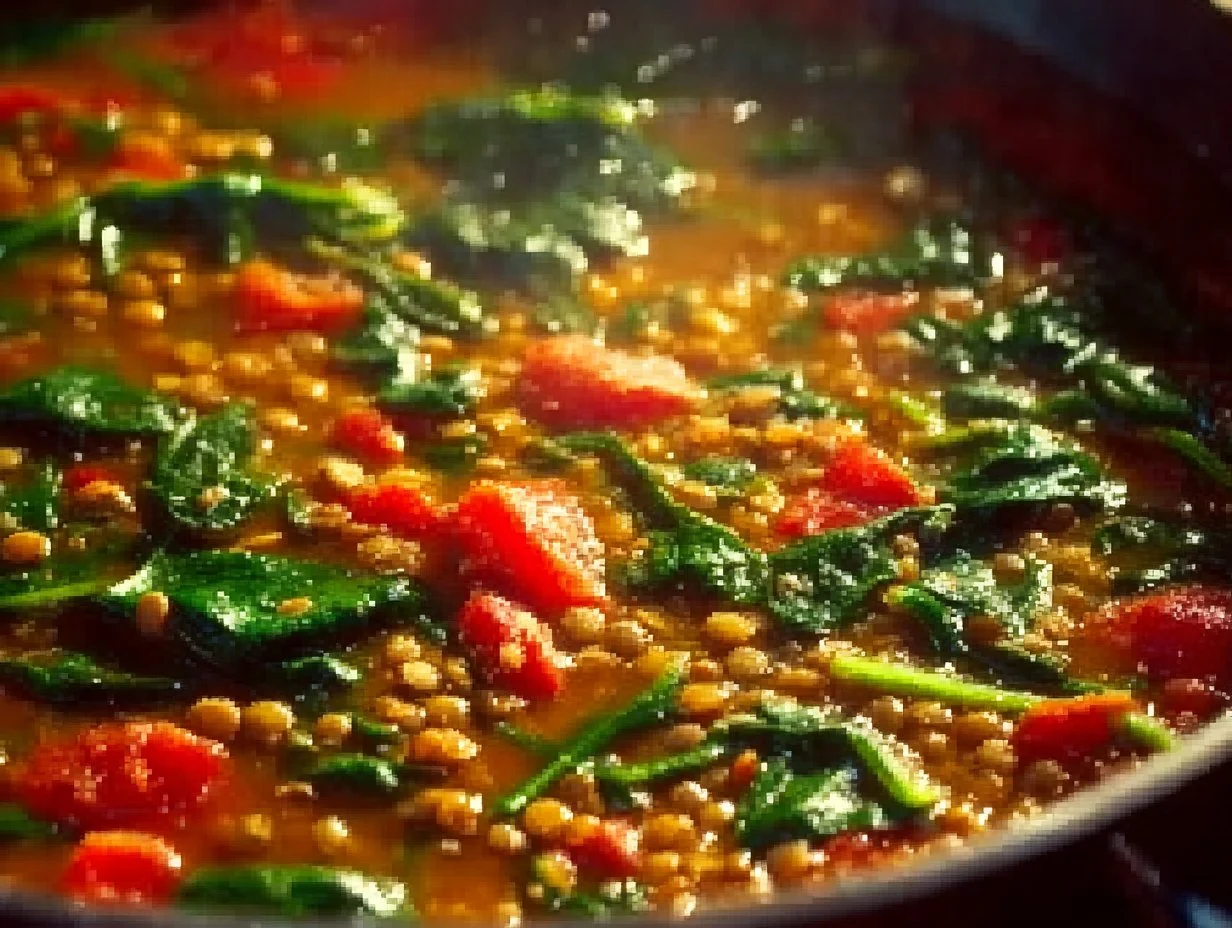 Bowl of healthy lentil soup with spinach and herbs