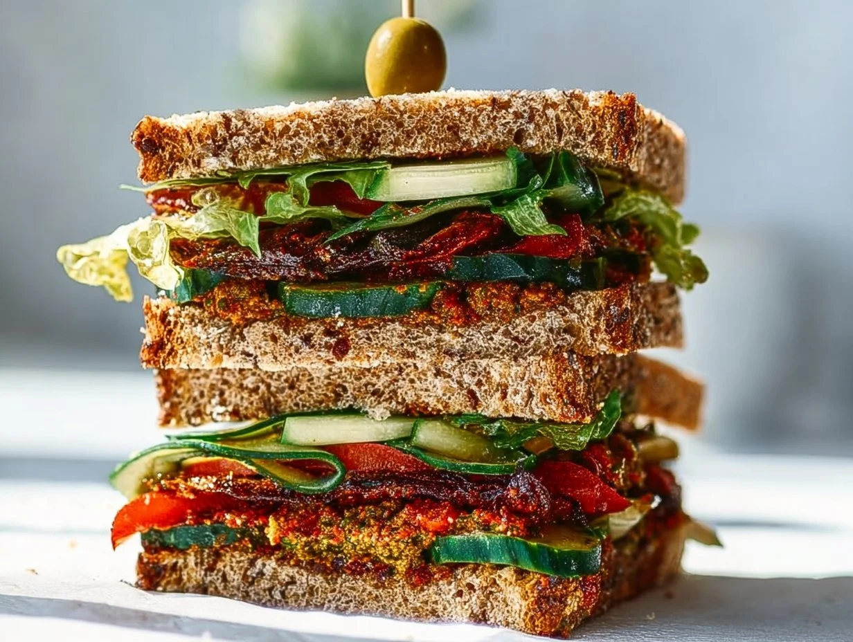 Mediterranean roast vegetables sandwich with sun-dried tomato pesto