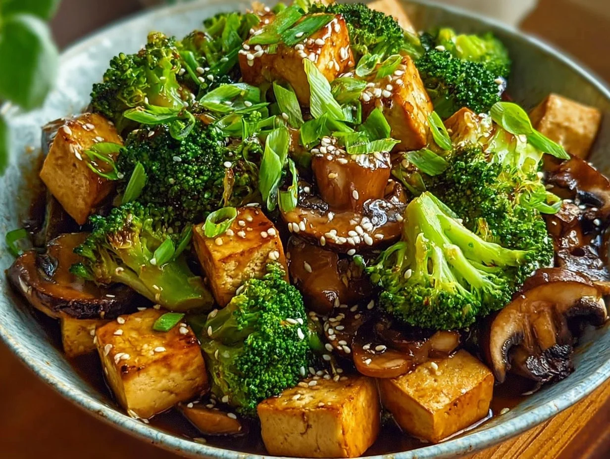 Mushroom Tofu Stir-Fry with fresh vegetables in a vibrant sauce