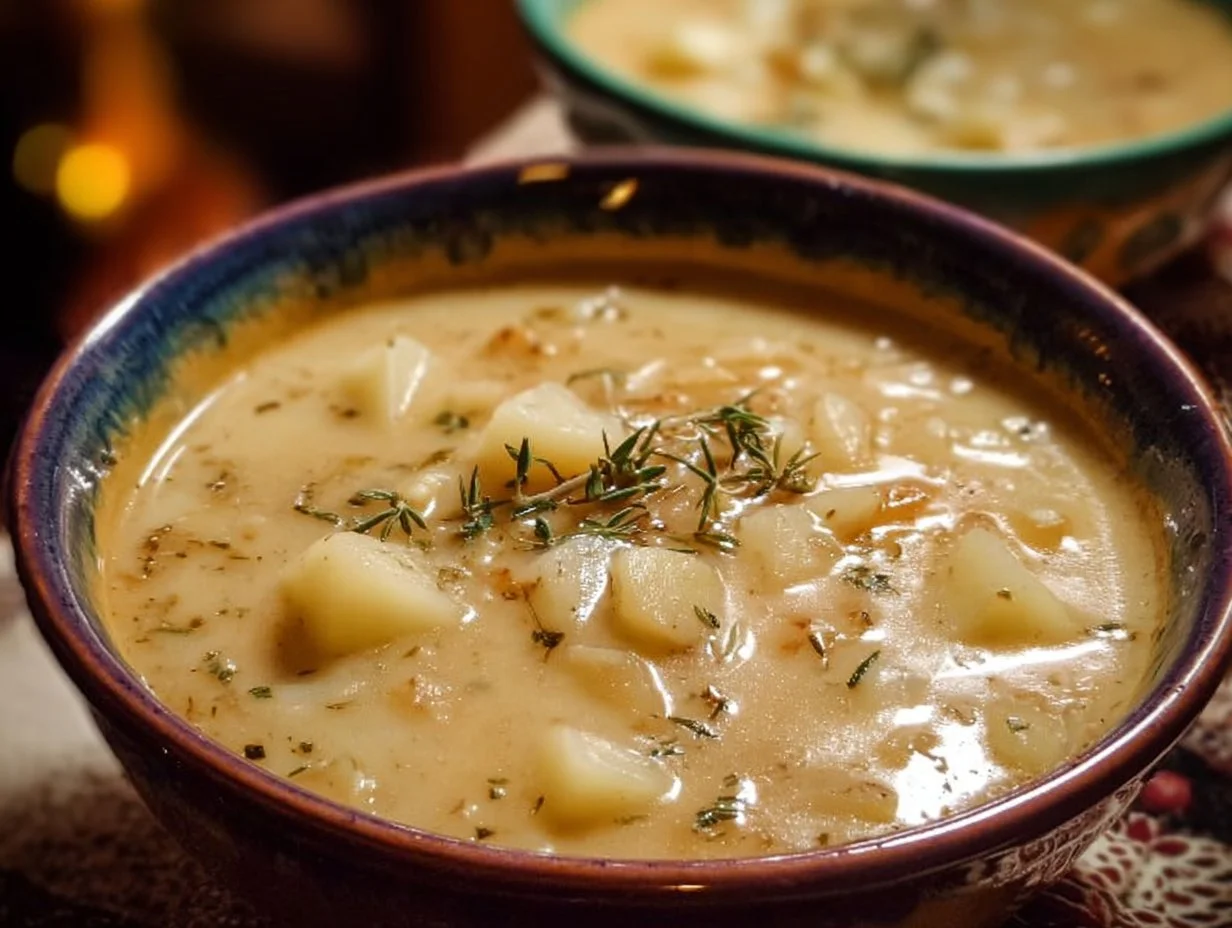 Bowl of creamy non-dairy potato soup, garnished with herbs.