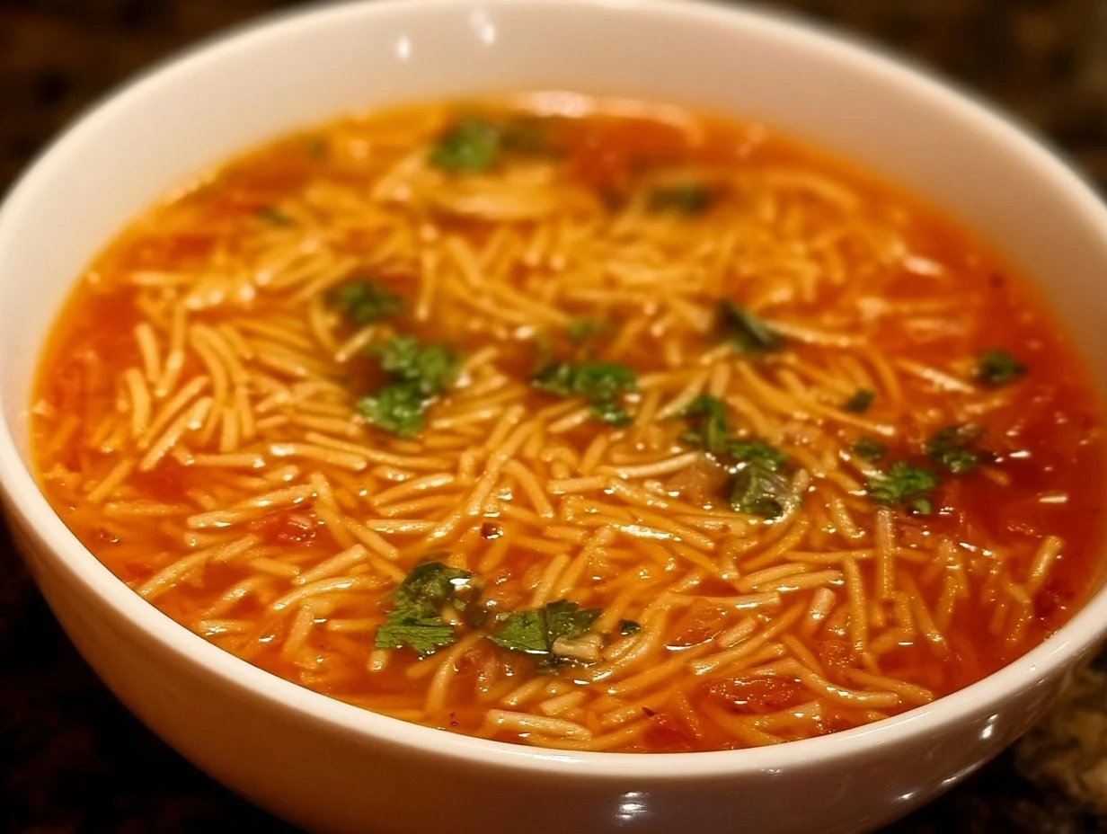 Bowl of delicious noodle pasta soup garnished with herbs and vegetables.