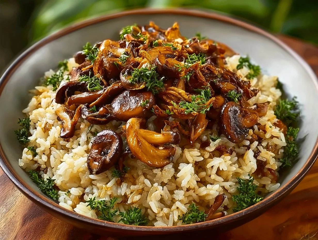One-Pot Mushroom Rice dish ready to serve, featuring fresh mushrooms and spices.
