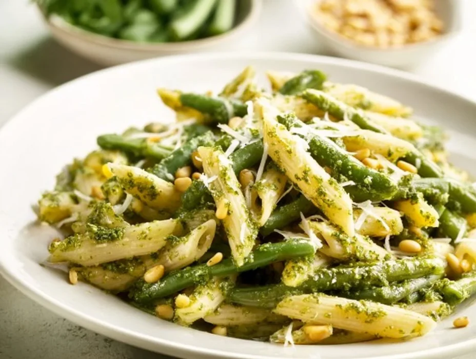 A vibrant pasta salad with pesto, mixed vegetables, and fresh basil