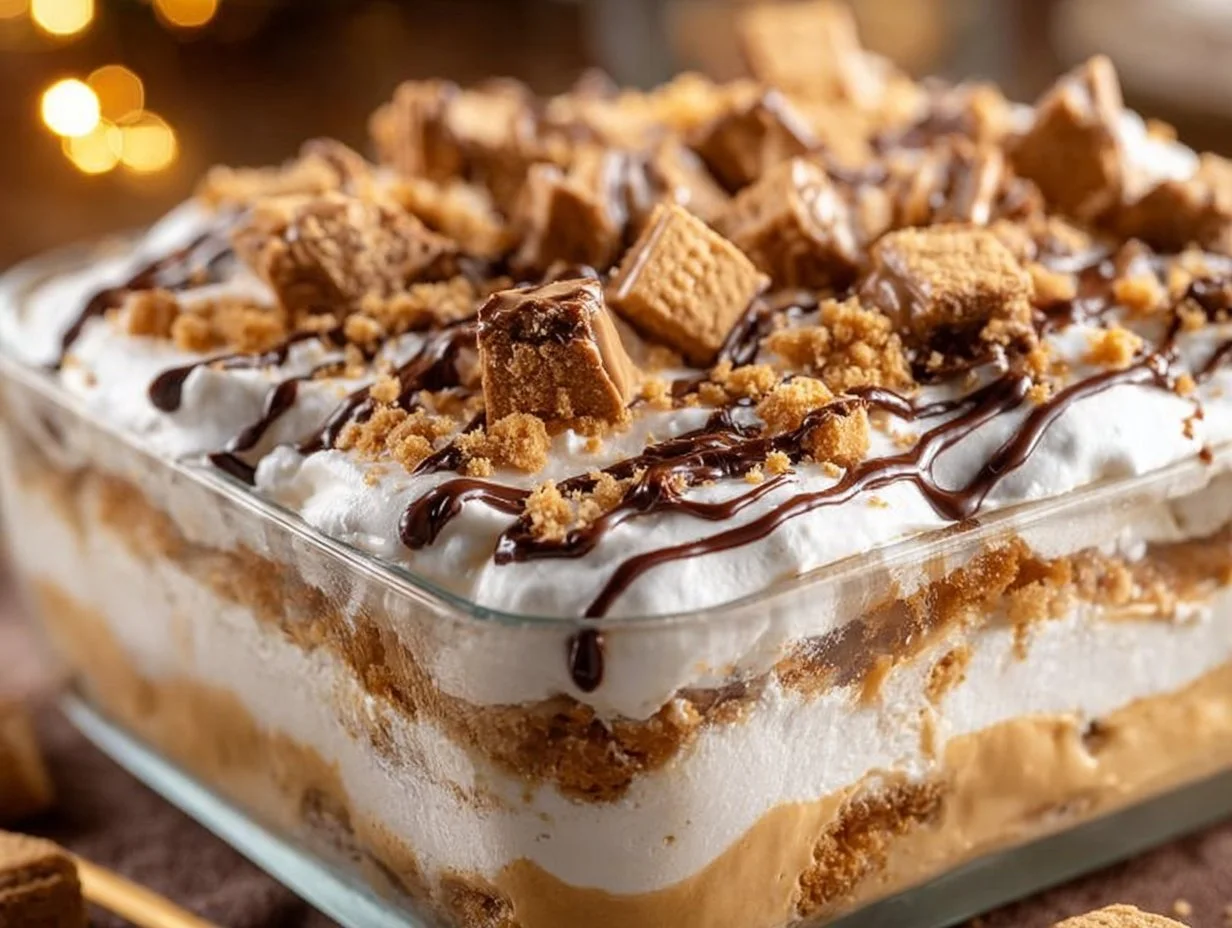 Peanut Butter Layered Delight no-bake dessert with creamy layers and chocolate topping.