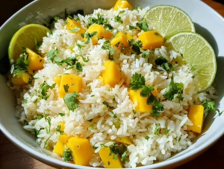 A bowl of vibrant mango lime rice garnished with fresh herbs.