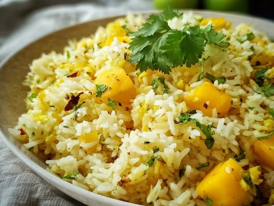 A bowl of vibrant mango lime rice garnished with fresh herbs.