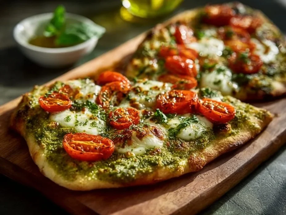 Homemade Pesto Flatbread Pizza topped with fresh ingredients and herbs