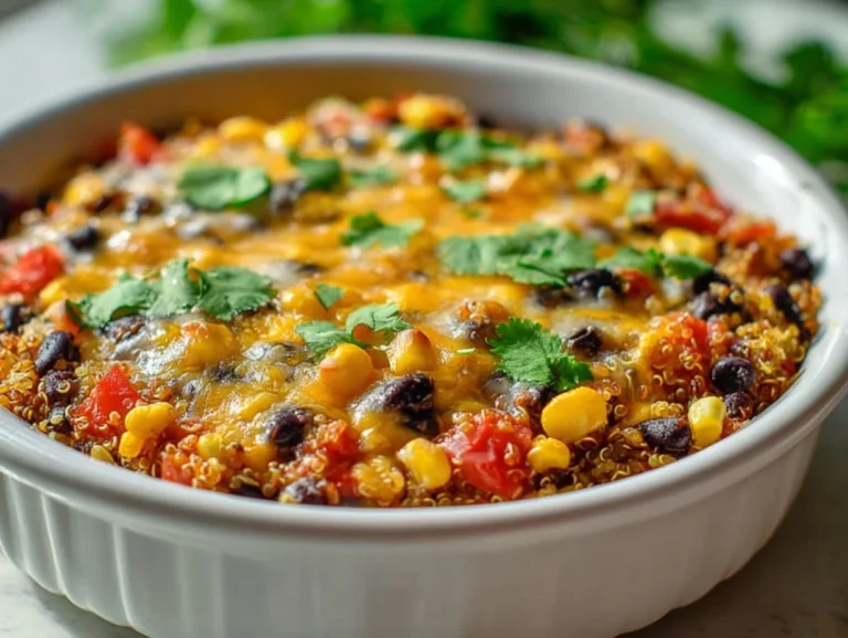 Quinoa and Black Bean Casserole topped with fresh herbs and served in a dish