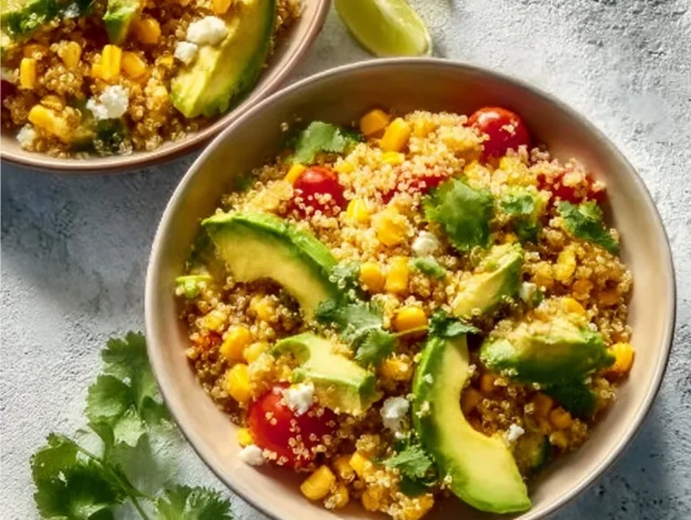 Quinoa corn salad with avocado, vibrant and nutritious dish topped with fresh ingredients.