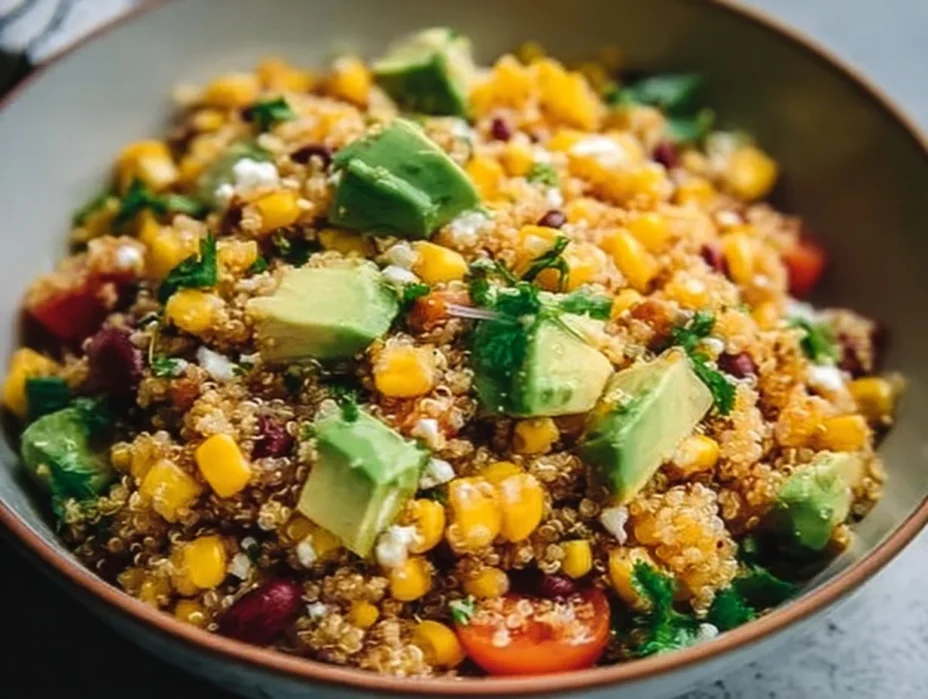 Quinoa corn salad with avocado, vibrant and nutritious dish topped with fresh ingredients.