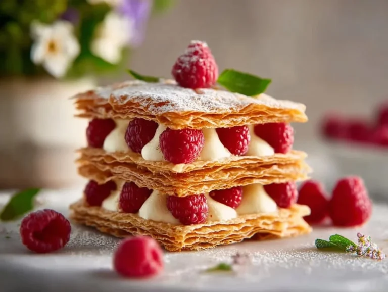 Stack of Raspberry Mille-Feuille Cookies with fresh raspberries on top