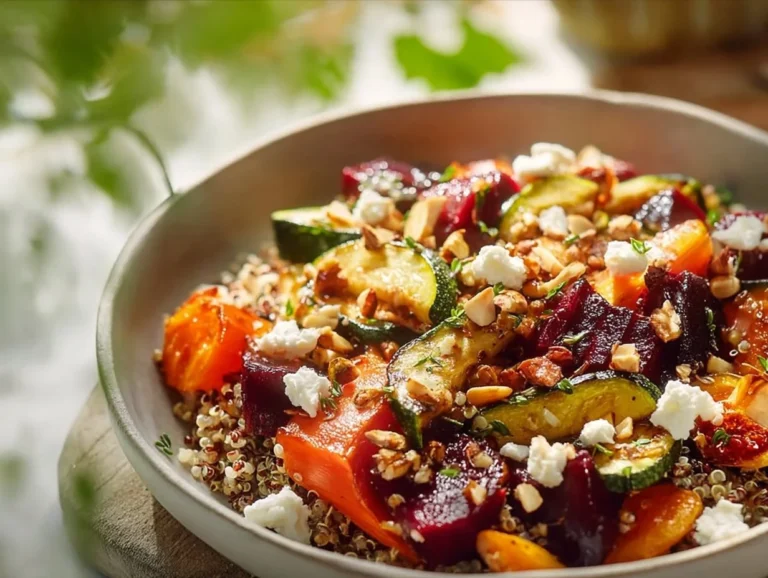 Delicious roasted vegetable quinoa bowl with vibrant vegetables and quinoa.