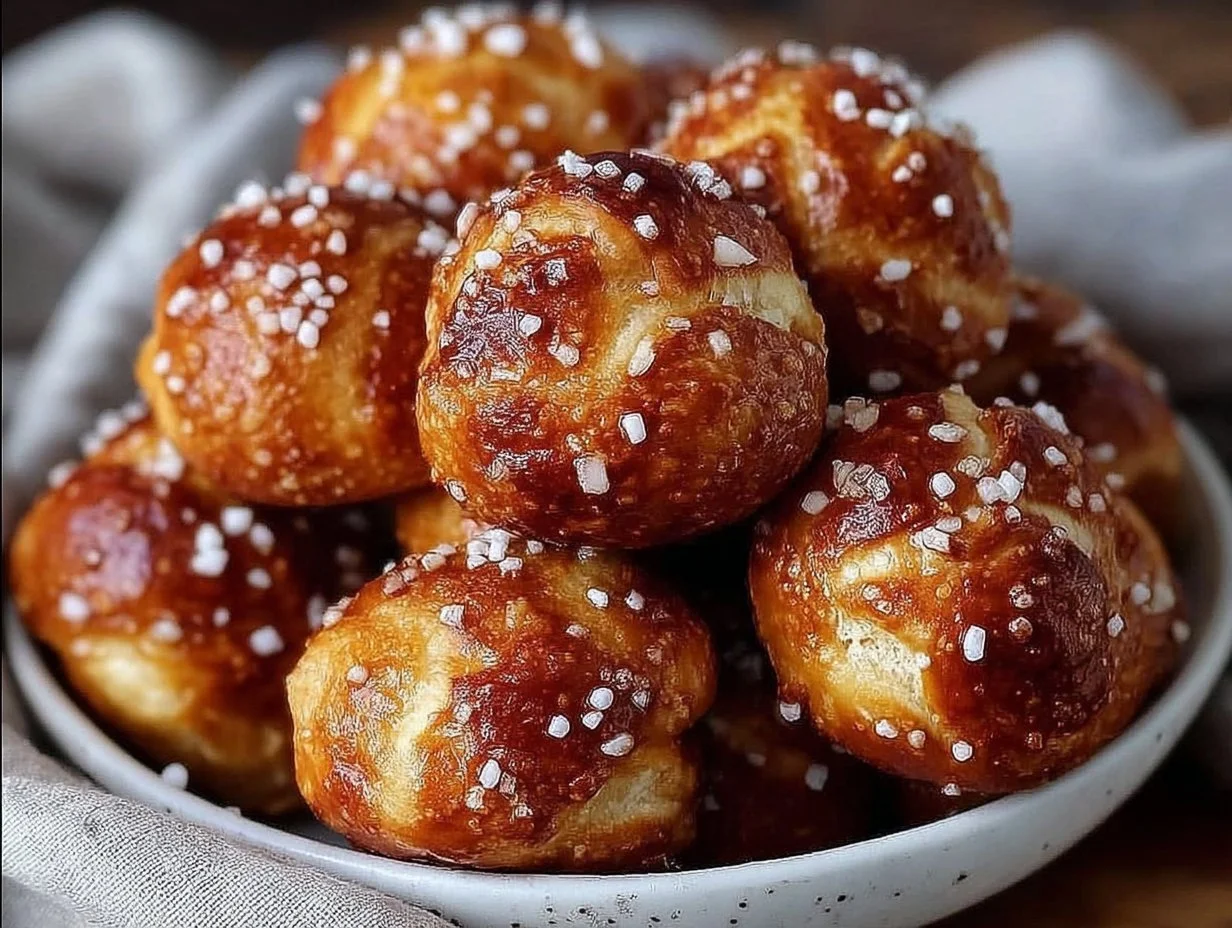 Golden brown sourdough pretzel bites served with mustard dip