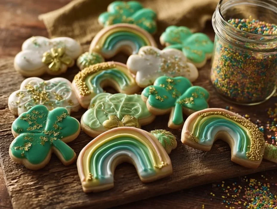 Festive St. Patrick's Day cookies decorated with green icing and shamrocks.
