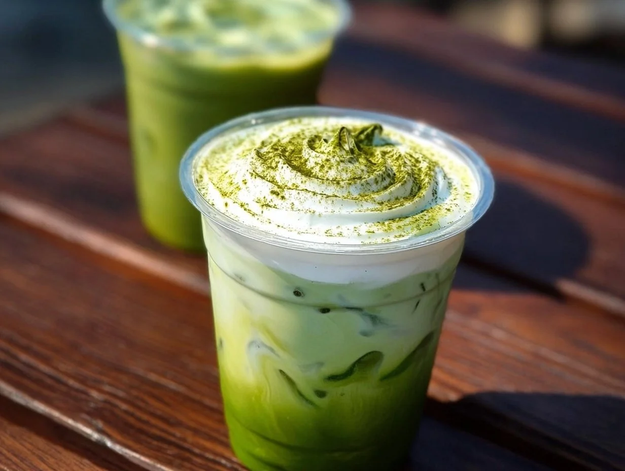 Starbucks Iced Matcha Latte served in a clear cup with ice and green matcha powder