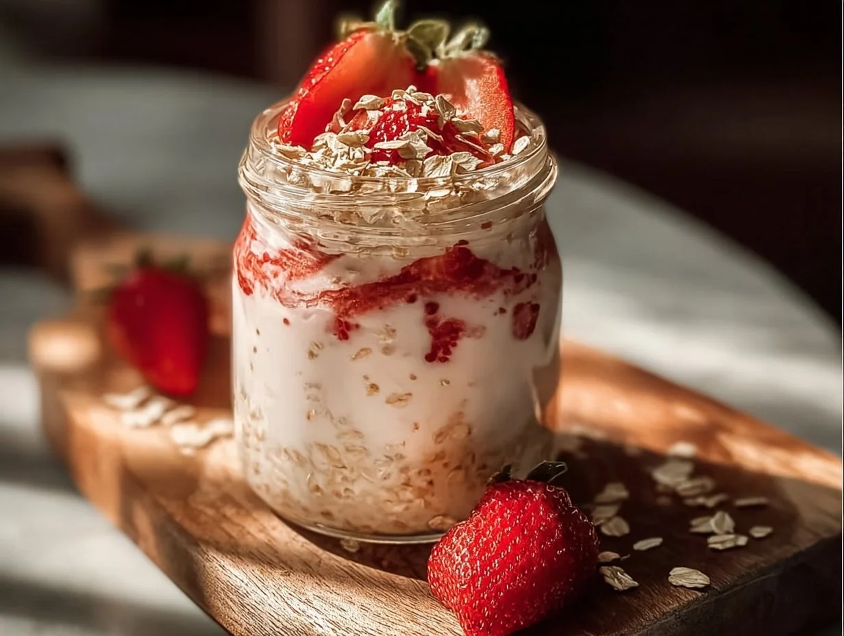 Bowl of strawberries and cream overnight oats topped with fresh strawberries