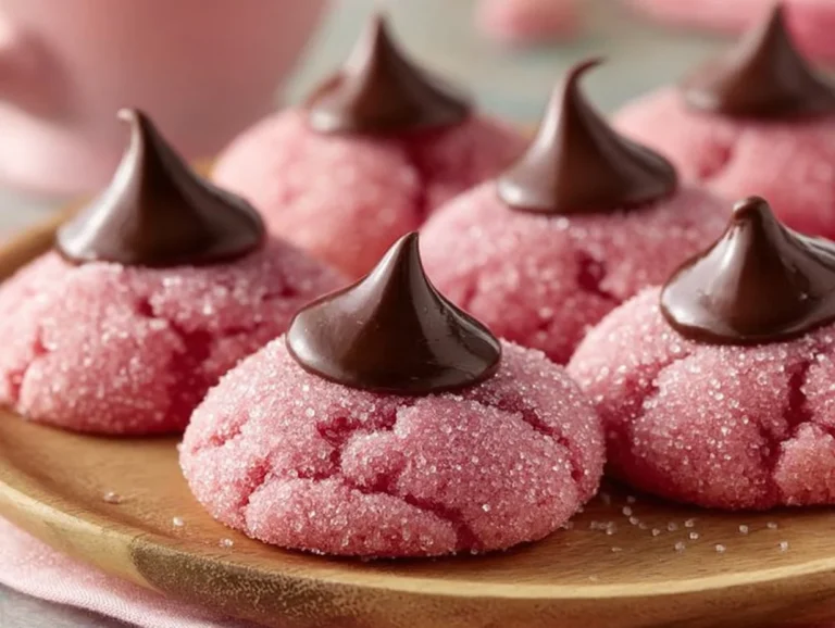 Batch of strawberry kiss cookies on a baking tray