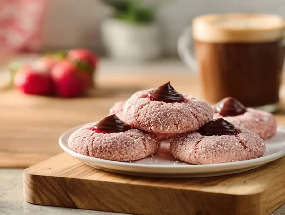 Batch of strawberry kiss cookies on a baking tray