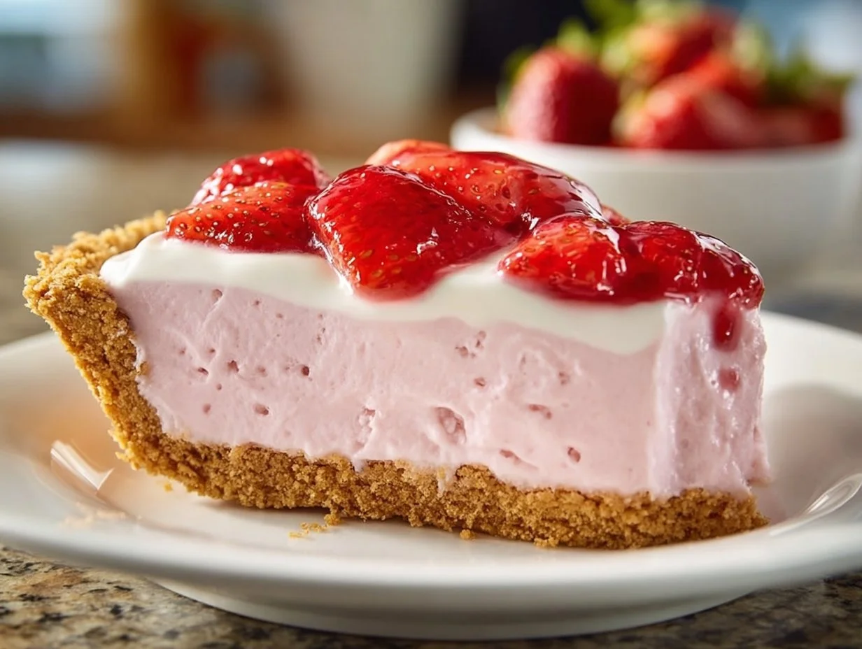 Delicious strawberry mousse pie topped with fresh strawberries and whipped cream