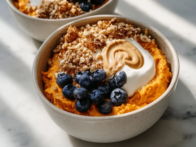 Delicious sweet potato breakfast bowls topped with nuts and fruits