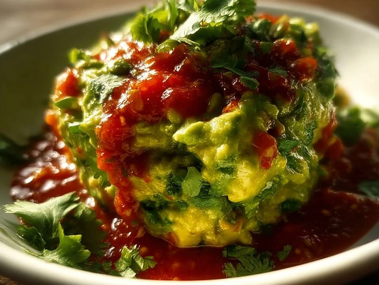 Bowl of traditional guacamole made with ripe avocados and spices