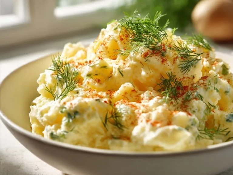 Bowl of traditional potato salad with herbs and dressing