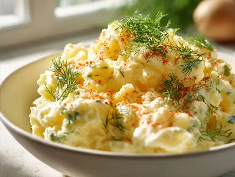 Bowl of traditional potato salad with herbs and dressing