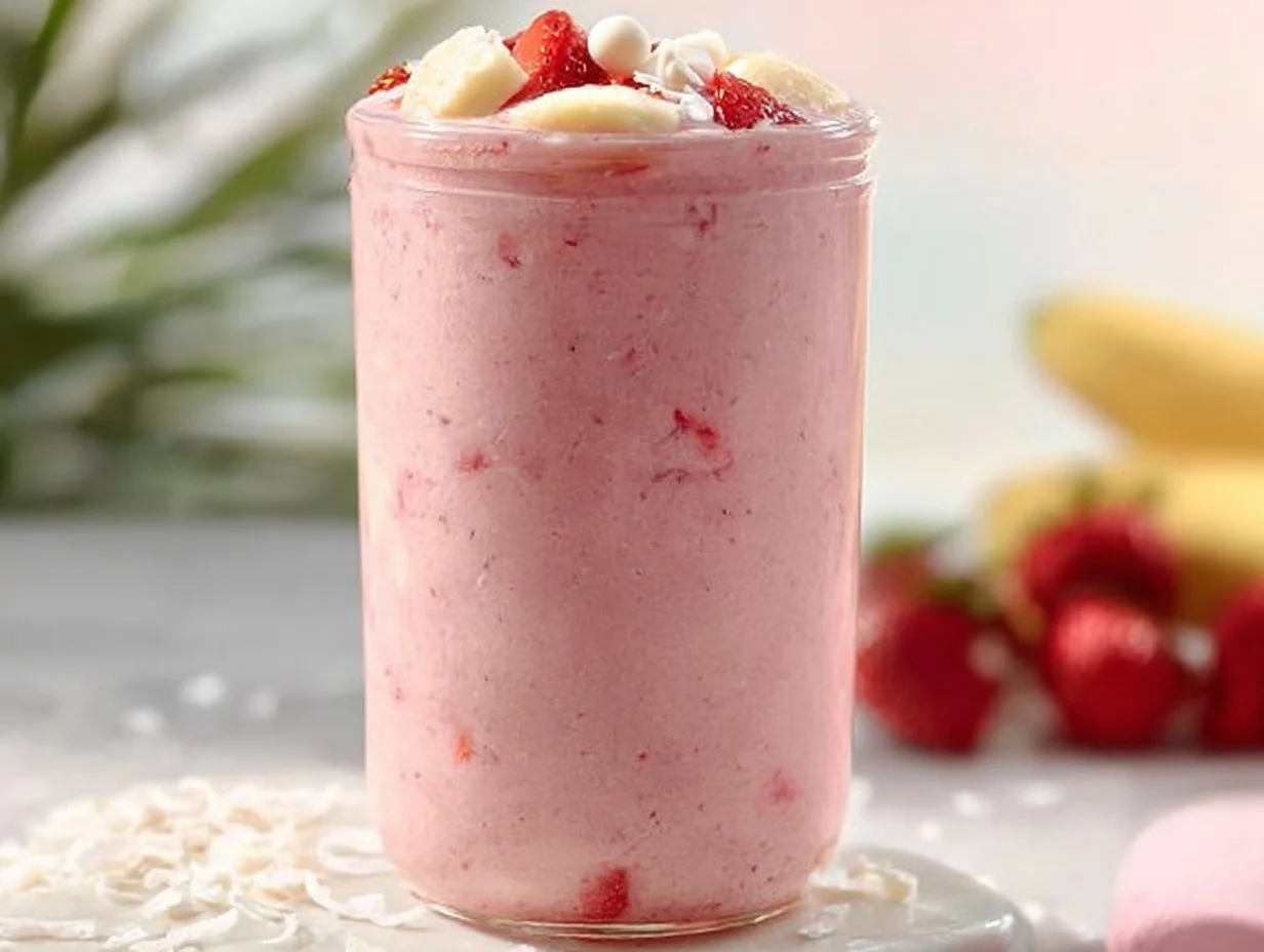 A vibrant tropical smoothie made with fresh fruits and greens, served in a glass.