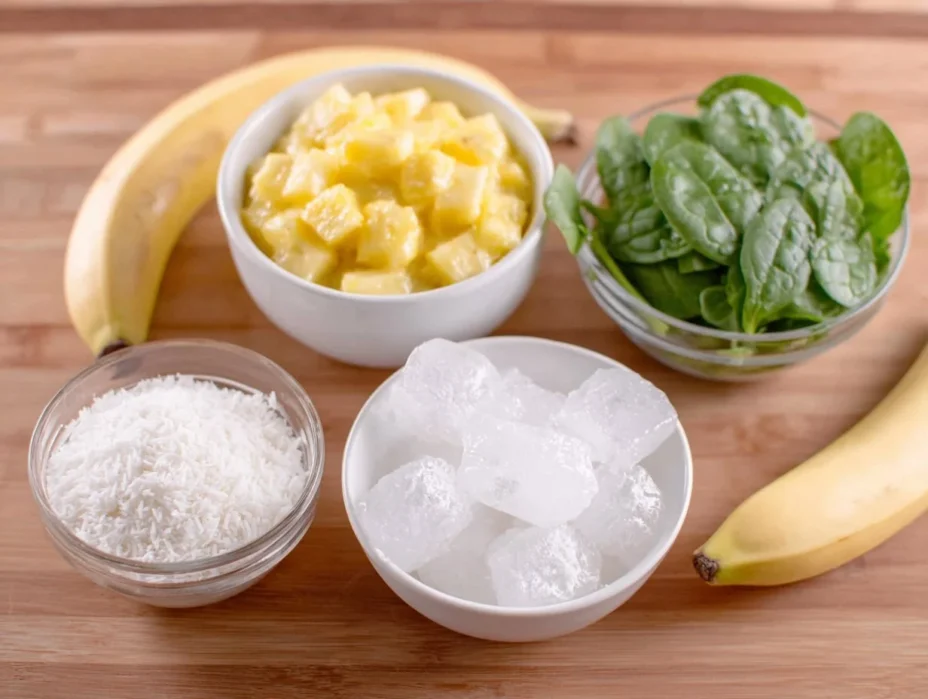 A vibrant tropical smoothie made with fresh fruits and greens ingredients