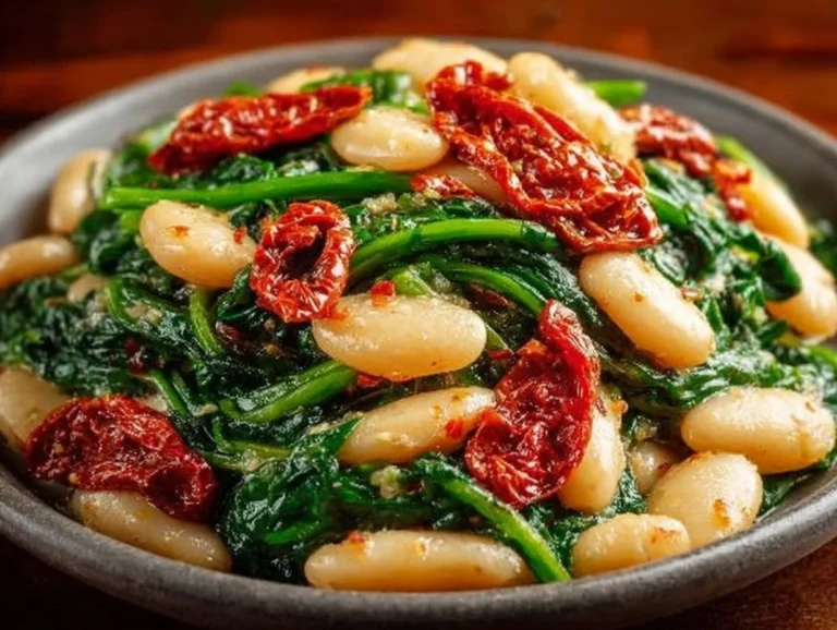 Delicious Tuscan Butter Beans served with spinach and sun-dried tomato