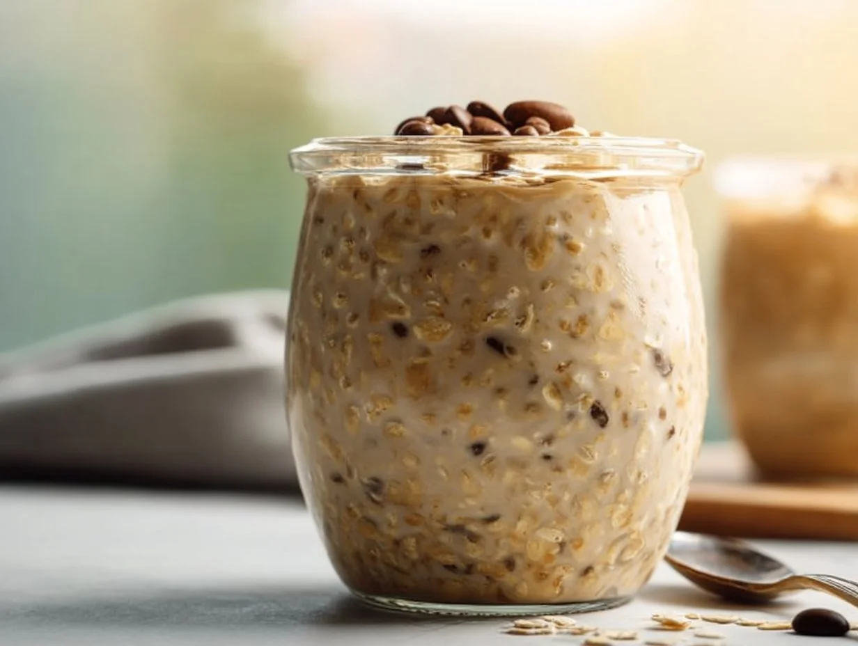 Vanilla cold brew overnight oats served in a bowl with toppings