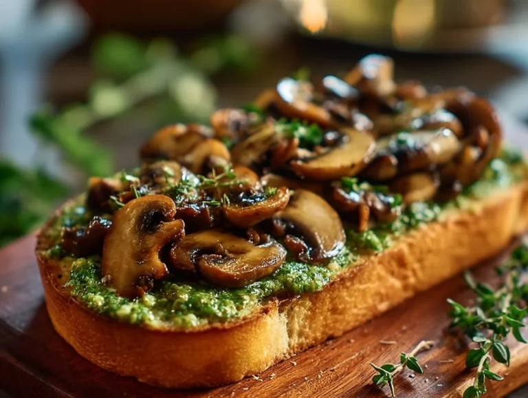 Vegan mushroom pesto sandwich on a plate, garnished with fresh basil.