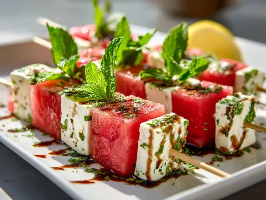 Watermelon and feta cheese skewers garnished with fresh mint leaves on a plate.