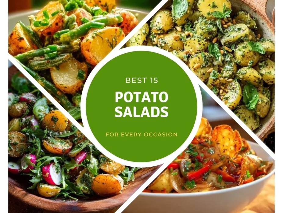 Variety of creative potato salad recipes displayed in colorful bowls