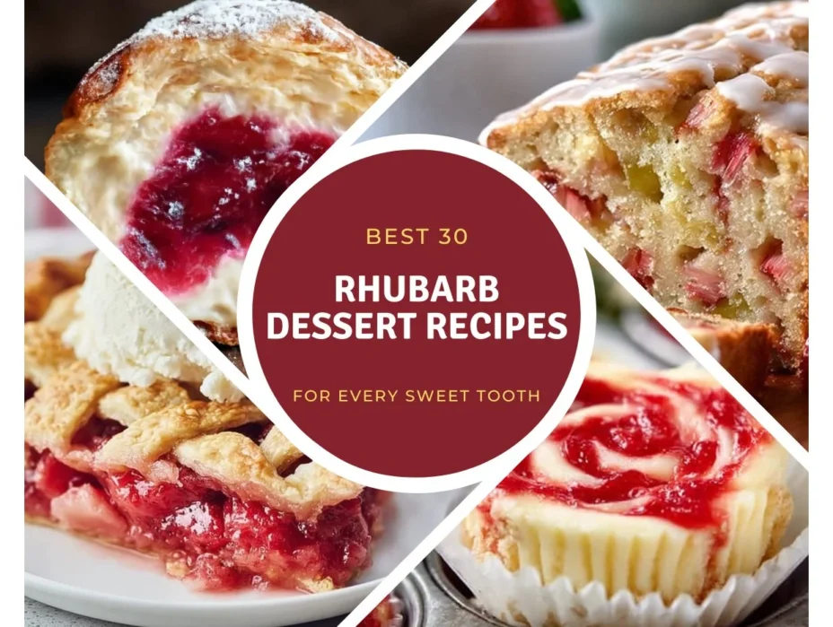 A variety of rhubarb desserts displayed on a rustic table.
