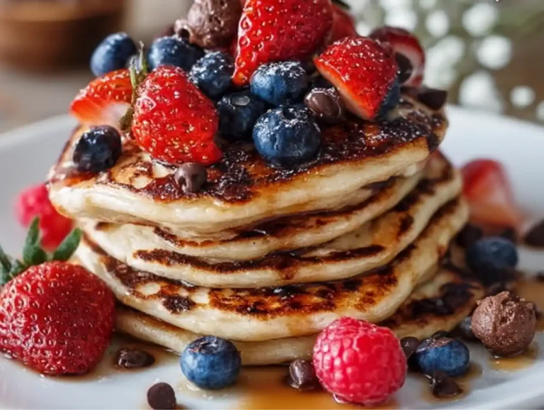Delicious high protein pancakes stacked on a plate, perfect for breakfast.