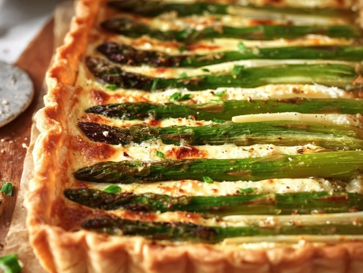 Asparagus Gruyere Tart served on a rustic wooden table