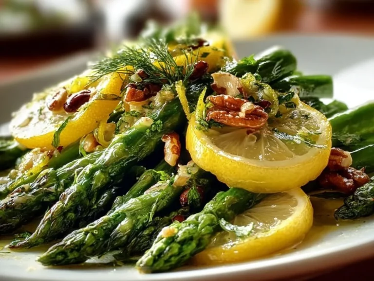 Delicious asparagus salad topped with lemon vinaigrette