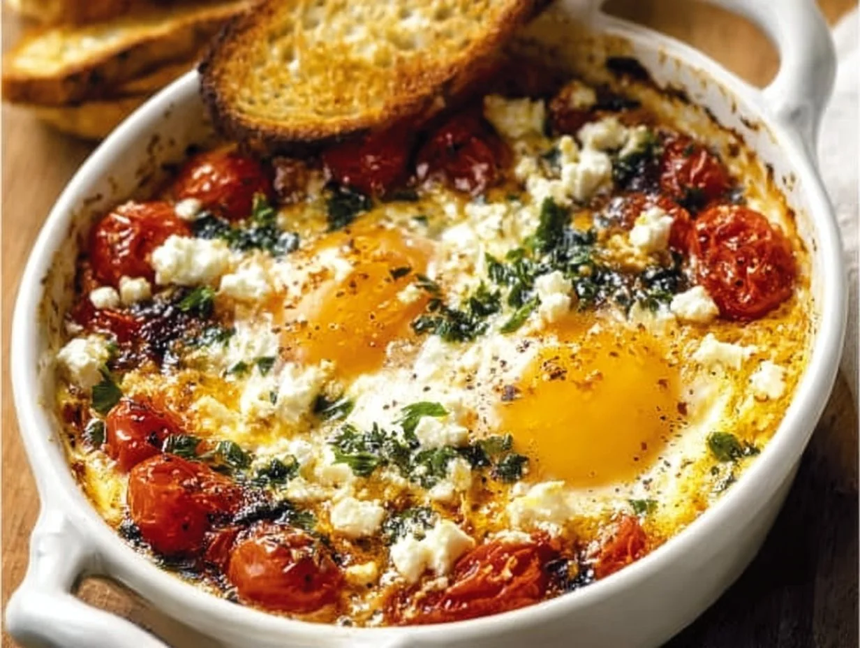 Baked feta eggs served in a bowl, garnished with herbs.