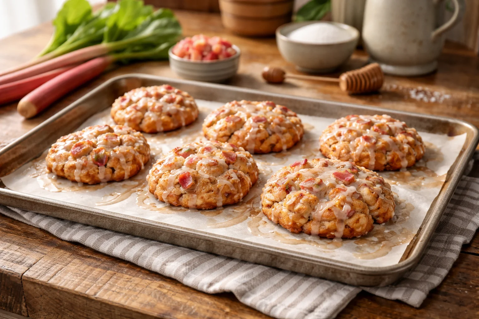 Baked Rhubarb Fritters with a Sweet Crackly Glaze