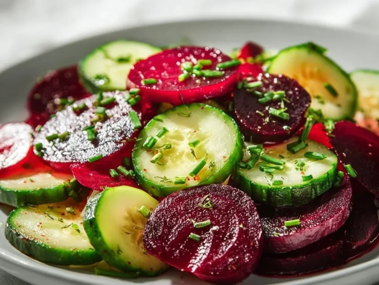 Colorful Beet and Cucumber Salad with fresh ingredients and dressing.